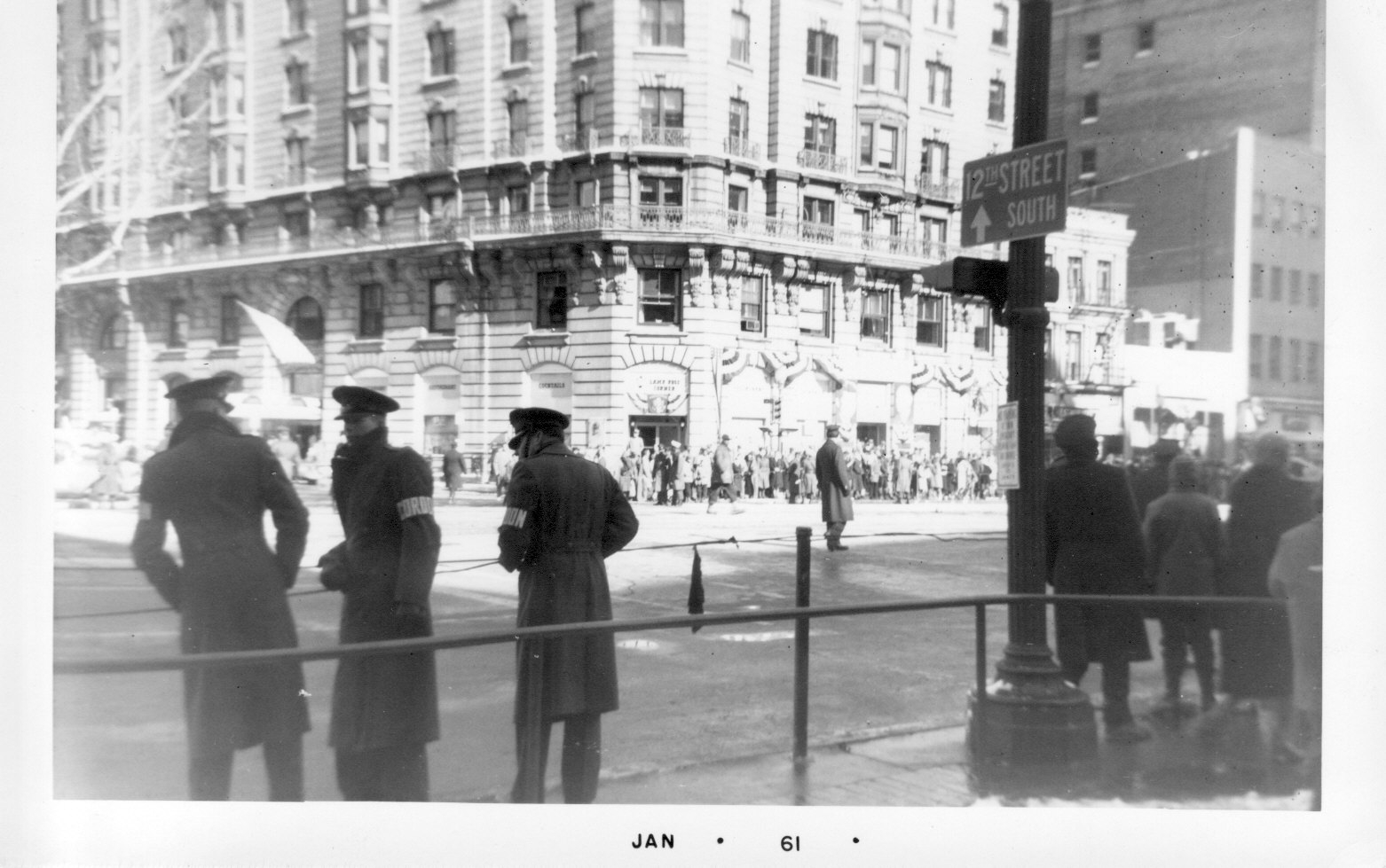 President Kennedy’s Inauguration Parade, 1961.  Photo is from a private collection, on loan to the ACC for their private use.  No reproduction or use of this photo is permitted.